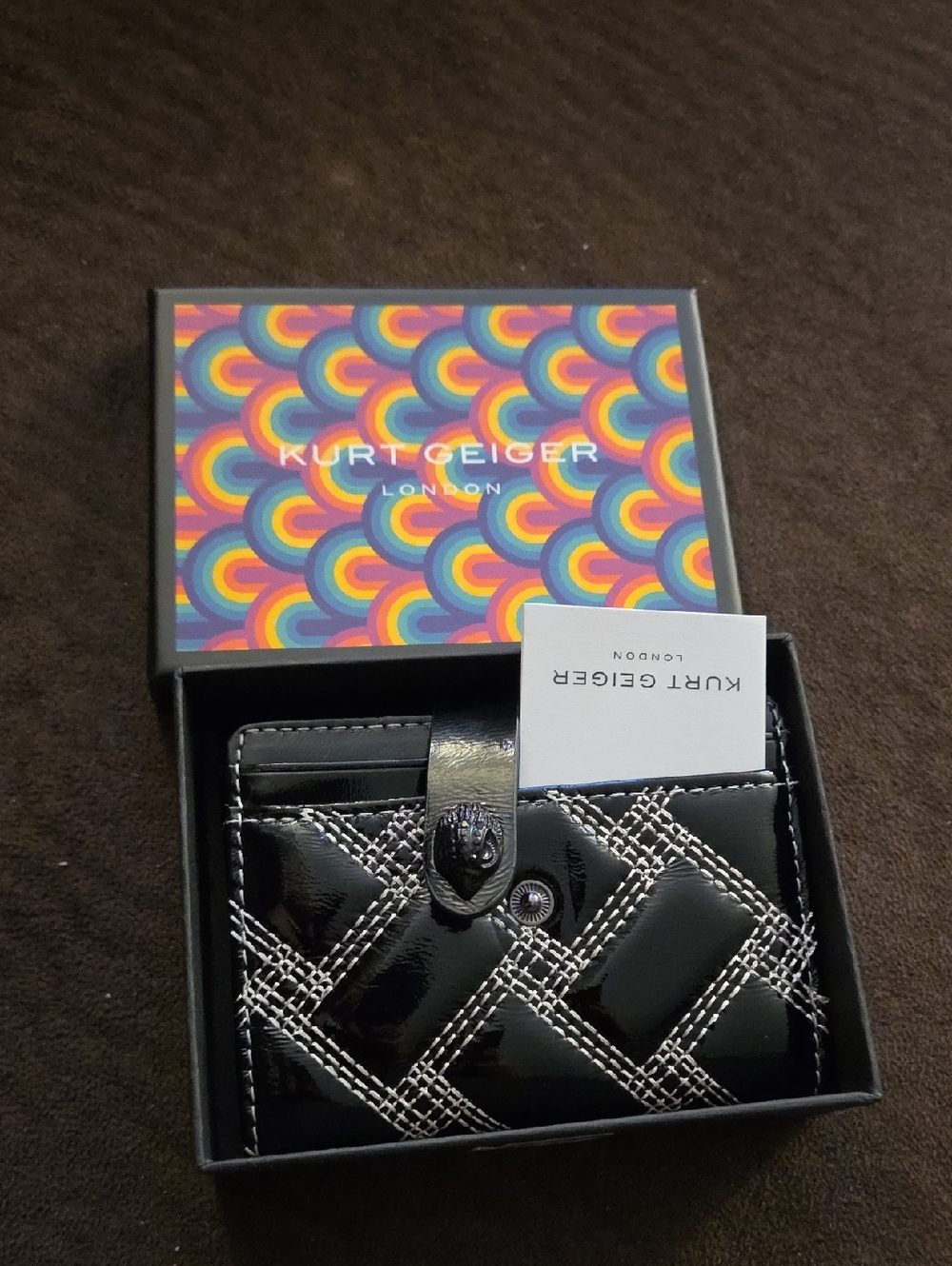 Kurt Geiger Black Quilted Patent Card Case with Contrast Stitching